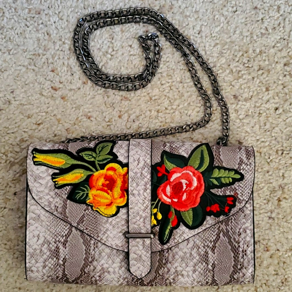 Flower embroidered snake skin print crossbody